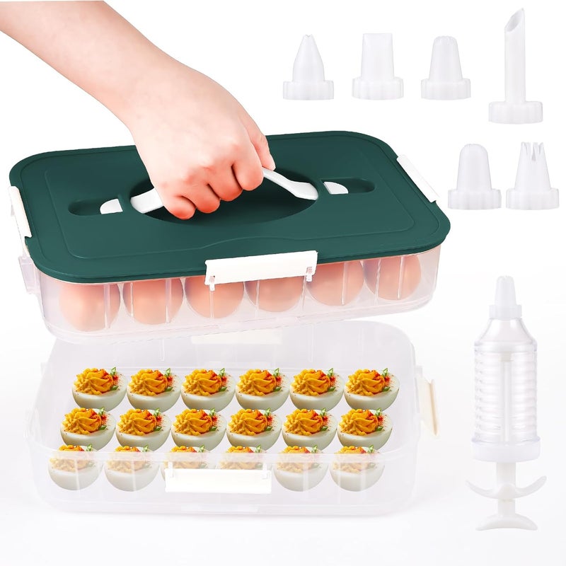 FACULX 2-Layer Deviled Egg Containers with Lid, 36 Slots Deviled Egg Tray Carrier with Handle and Deviled Egg Injector Piping Tool, Portable Egg Storage Carrier Tray Platter for Party Picnic Travel (green) - Image 1